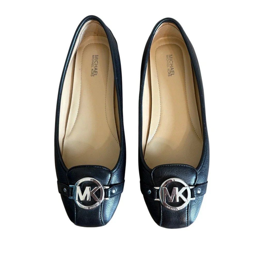 Michael Kors Fulton Moc Black Pebbled Leather Ballet Flats Silver MK Logo‎ Shoes